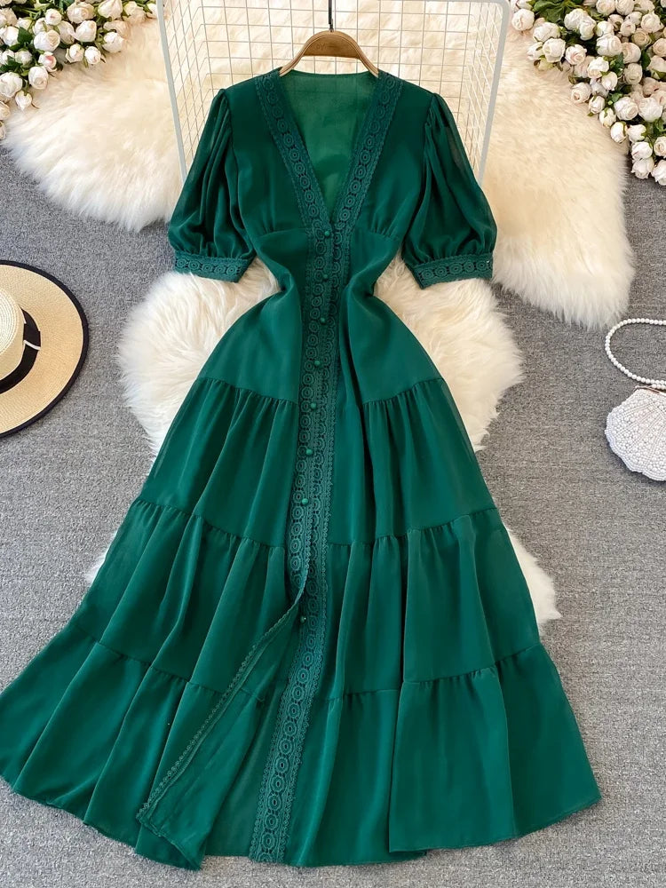 New Women Vintage Party Dress Summer Puff Sleeve Sexy V Neck Lace Single-breasted Long Dresses Ladies A Line Elegant Long Robe