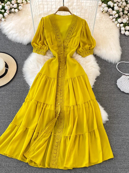New Women Vintage Party Dress Summer Puff Sleeve Sexy V Neck Lace Single-breasted Long Dresses Ladies A Line Elegant Long Robe