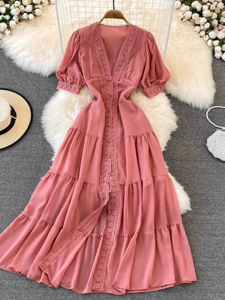 New Women Vintage Party Dress Summer Puff Sleeve Sexy V Neck Lace Single-breasted Long Dresses Ladies A Line Elegant Long Robe
