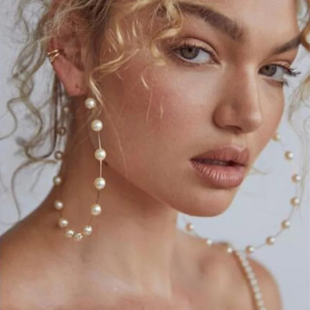 New Boho Imitation Pearl Round Circle Hoop Female Gold Big Statement Earring