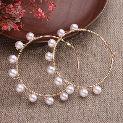 New Boho Imitation Pearl Round Circle Hoop Female Gold Big Statement Earring