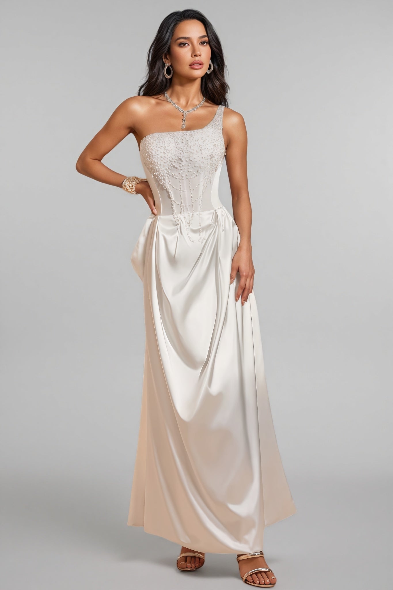 Camo One Shoulder Pearl Satin Maxi Dress