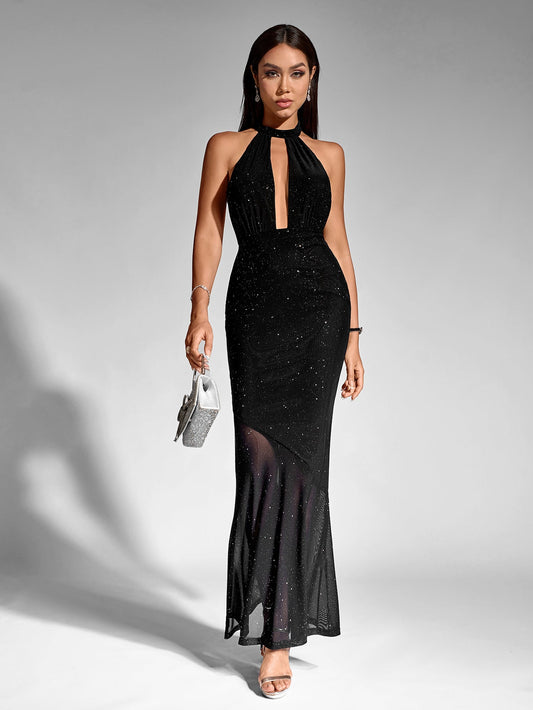O-Neck Cut Out Mesh Sequin Mermaid Dress