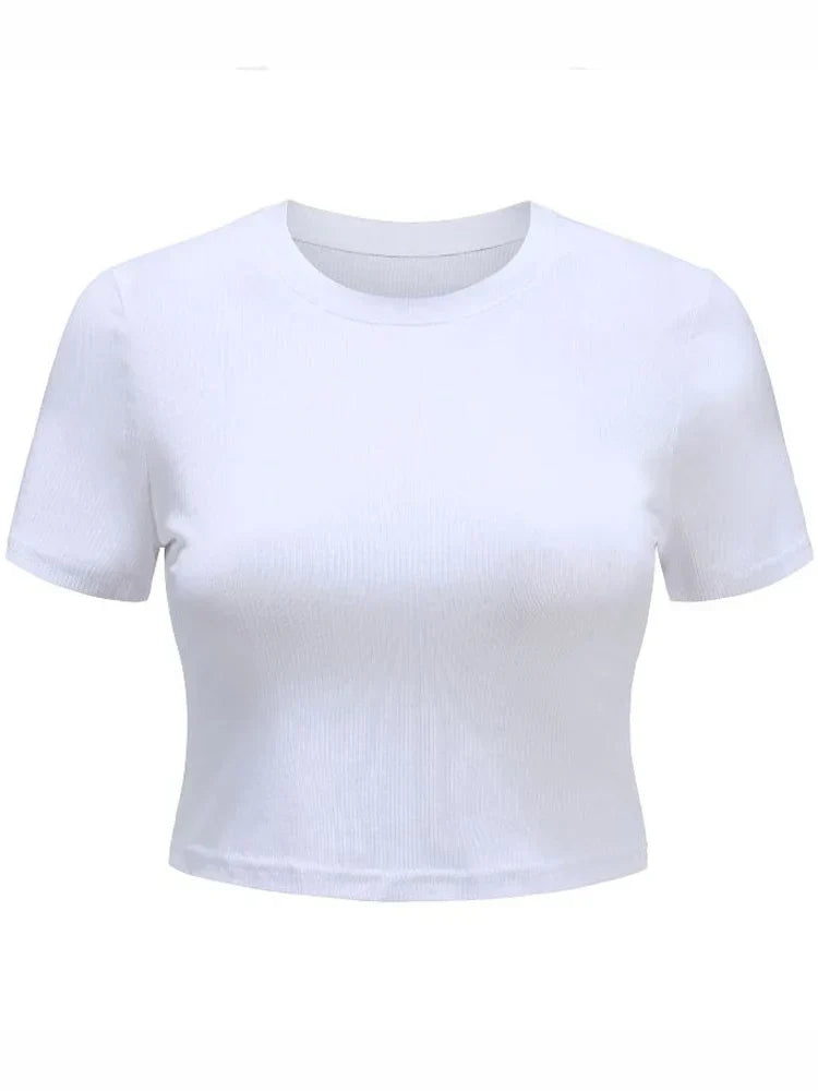 FashionSierra - O Neck Knit White Summer Casual Basic Streetwear Short Sleeve Crop Tops
