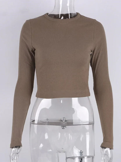 FashionSierra - O Neck Long Sleeve Ribbed Cropped Spring Casual Basic Crop Tops