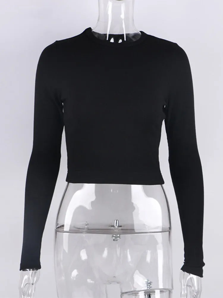 FashionSierra - O Neck Long Sleeve Ribbed Cropped Spring Casual Basic Crop Tops