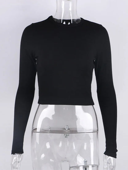 FashionSierra - O Neck Long Sleeve Ribbed Cropped Spring Casual Basic Crop Tops