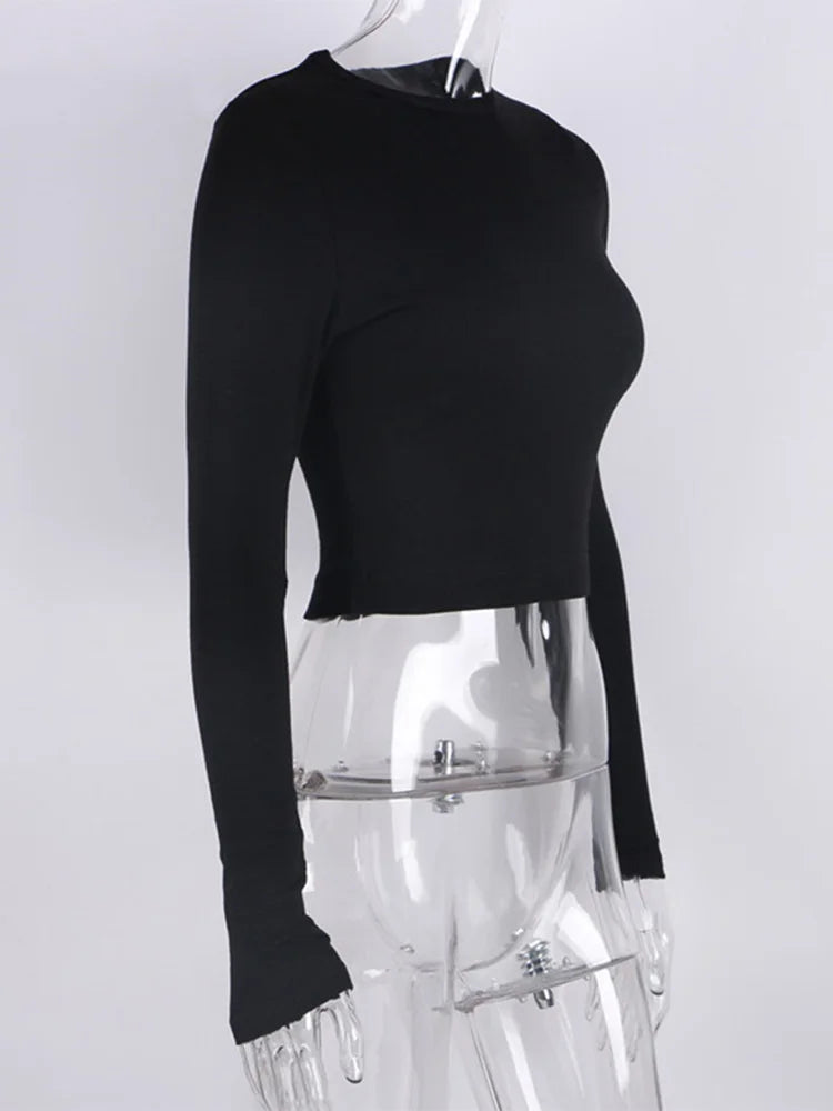 FashionSierra - O Neck Long Sleeve Ribbed Cropped Spring Casual Basic Crop Tops