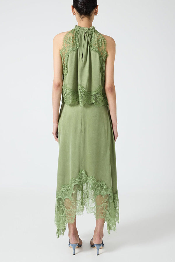 Modern Muse Satin Lace Trim Pleated Neck Top and A-line Irregular Slit Skirt Set