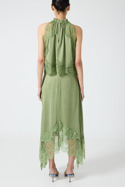 Modern Muse Satin Lace Trim Pleated Neck Top and A-line Irregular Slit Skirt Set