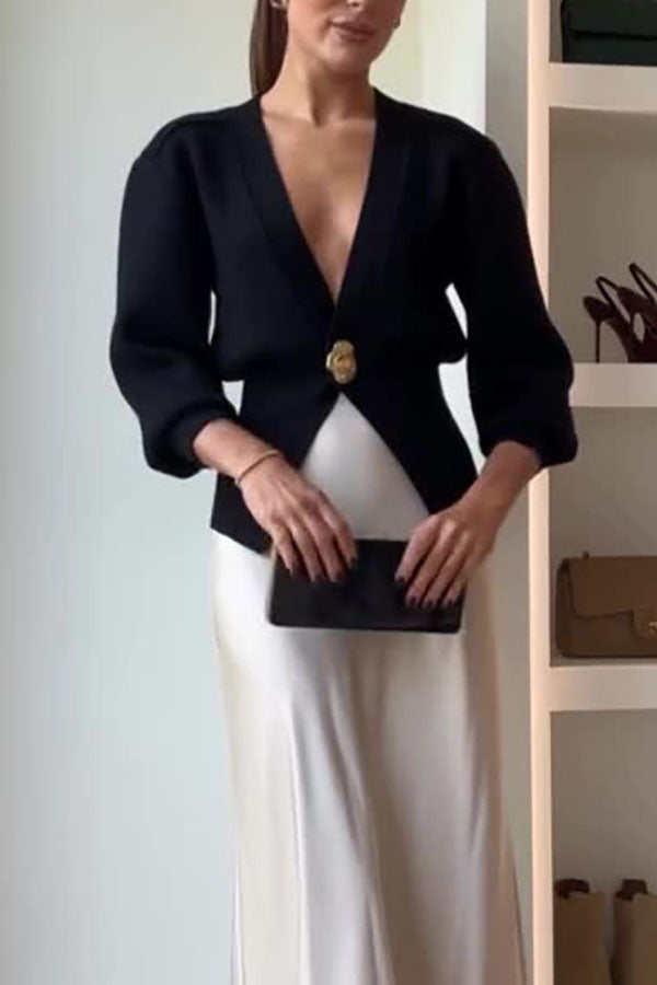 Only Yours Knit Metal Leaf Shape Button Lantern Sleeve Relaxed Cardigan
