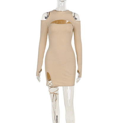 Autumn Sexy Hip Slim Fit Lace up Hollow Out Cutout Dress Women