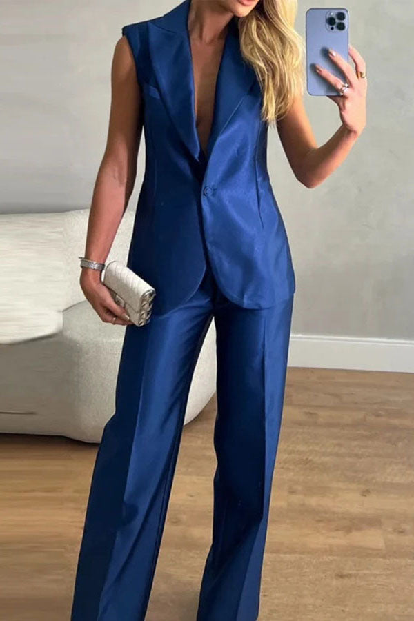 Luxurious Styling Satin Backless Straps Lapel Blazer Vest and Straight Pants Set