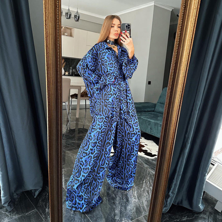 Spring Women Clothes Suit Long Sleeve Leopard Print Loose Two Piece Suit