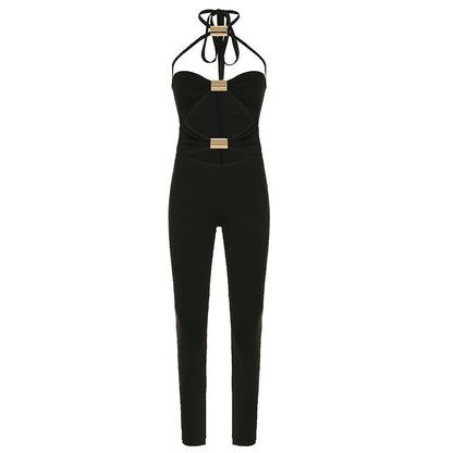 Sexy Women Wear Metal Tube Stitching Hollow Out Cutout out Tight One Piece Trousers Street Skinny Pants Spring