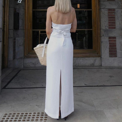 Fall Women Clothing Sexy Two Piece Suit V Neck Halter Strap Top Low Waist Slit Skirt