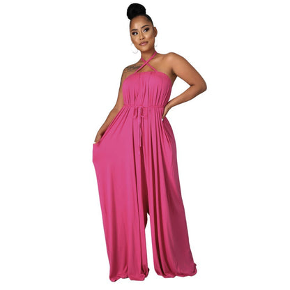 Solid Color Summer Sleeveless Waist Wrapped Chest Loose Wide Leg Women Jumpsuit