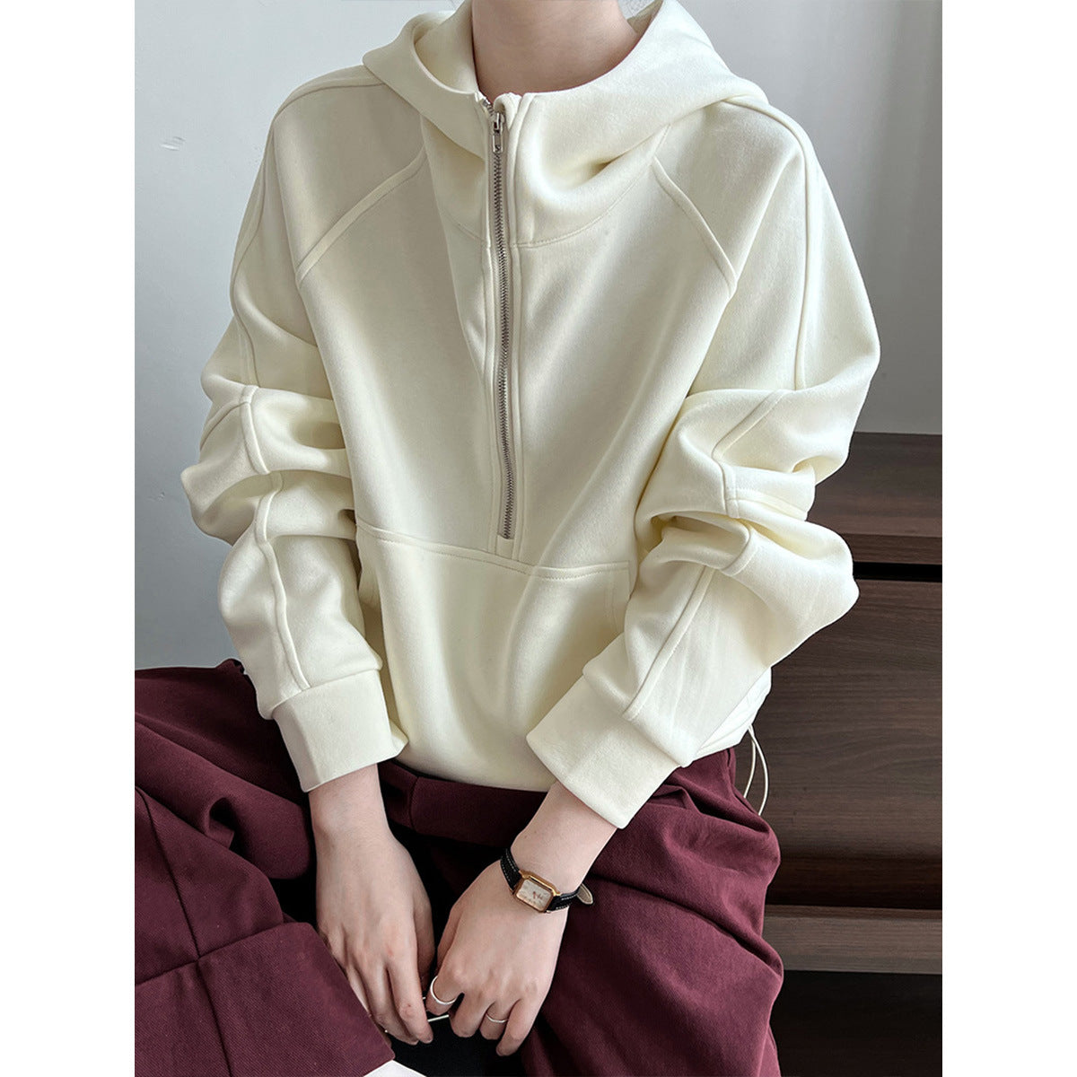 Idle Half Zipper Hooded Sweatshirt for Women Autumn Casual Design Blouse Coat