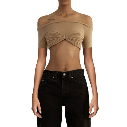 Spring Summer Women Clothes off-Shoulder Collar See Through Short Short Sleeve T Shirt