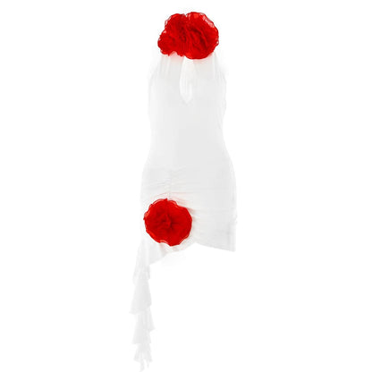 Halter ruched flower applique ruffle mini dress  | Festival Outfits Women