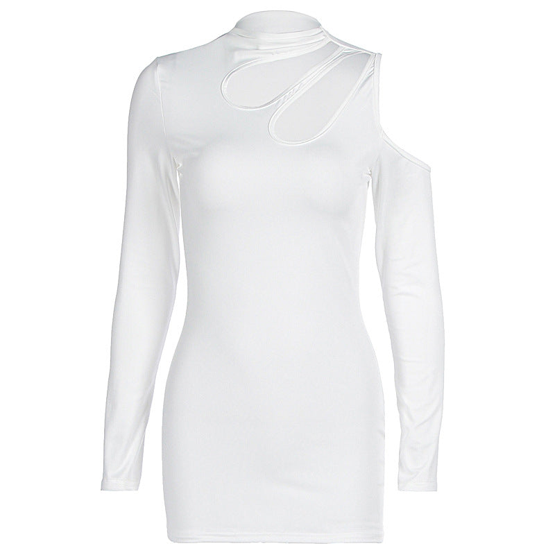 Women Clothing Autumn Winter Sexy Slim Solid Color Hollowed Sexy Long Sleeve Dress Women