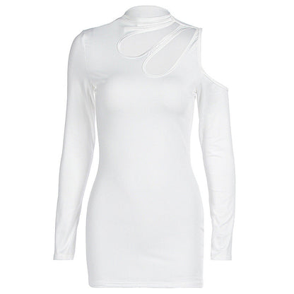 Women Clothing Autumn Winter Sexy Slim Solid Color Hollowed Sexy Long Sleeve Dress Women