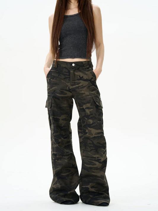 Camo Print Wide-Leg Multi-Pocket Cargo Pants