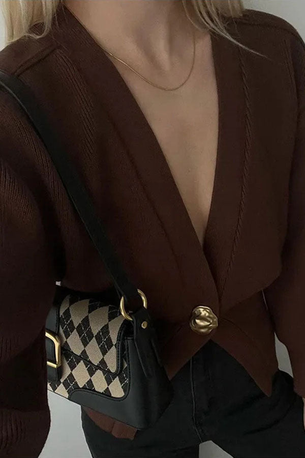 Only Yours Knit Metal Leaf Shape Button Lantern Sleeve Relaxed Cardigan
