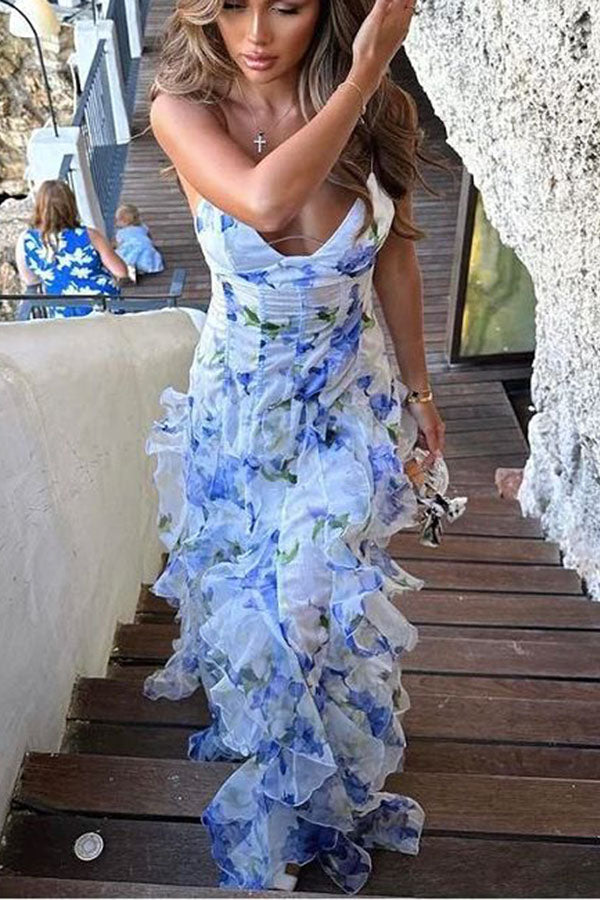 Millie | Floral Ruffle Long Skirt Women's Fashion Chiffon Printed Fairy Style Long Style Evening Dress Coupon