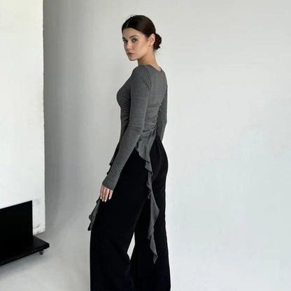 Round Neck Long Sleeve with Ruffles Slim Fit Top Women Clothing