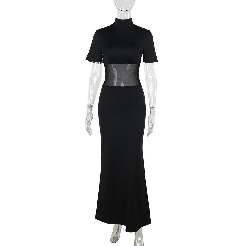 Autumn Socialite Elegant Sexy Mesh Slim Fit Stitching Small Turtleneck Dress Women