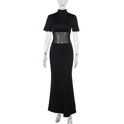 Autumn Socialite Elegant Sexy Mesh Slim Fit Stitching Small Turtleneck Dress Women