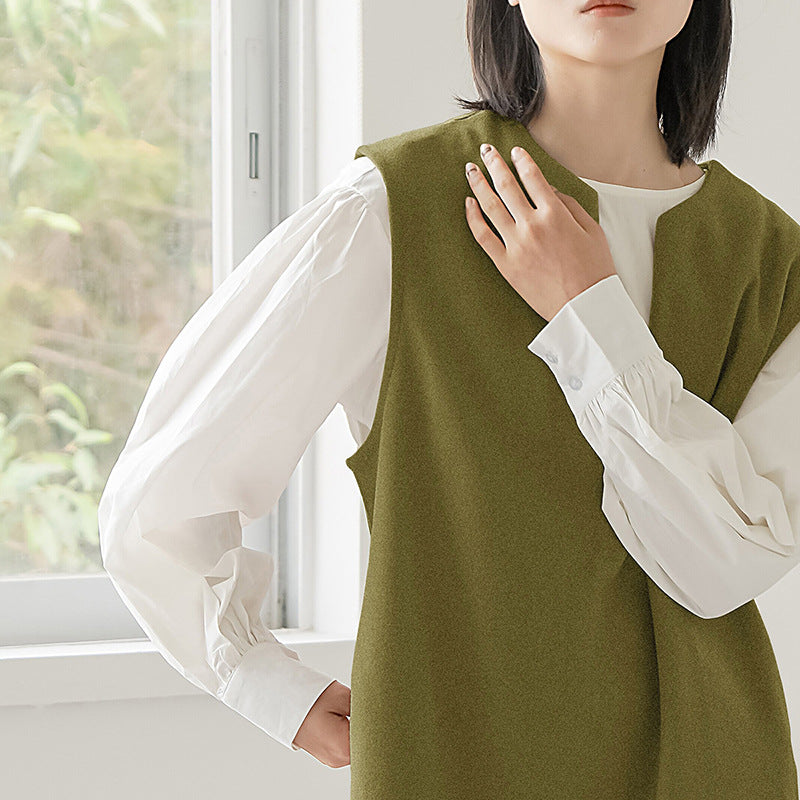 Real Shot Letian Autumn Winter 4 Color Woolen Coat Women V neck Solid Color Sleeveless Waistcoat Dress Outer Wear