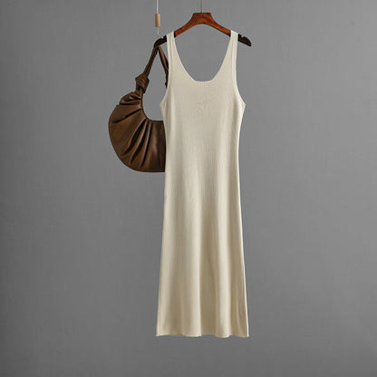 Sexy Knitted Sling Dress Summer Solid Color Back Slit Sheath Maxi Dress