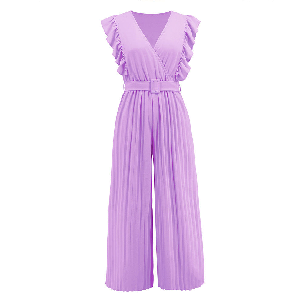 Sexy Slim Jumpsuit High Waist Sleeveless Lotus Leaf V neck Pleated Wide Leg Skort Women