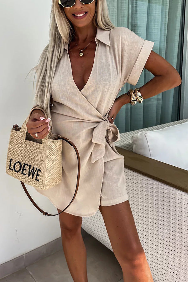 Women's new lace-up street lapel jumpsuit INS casual loose holiday jumpsuit