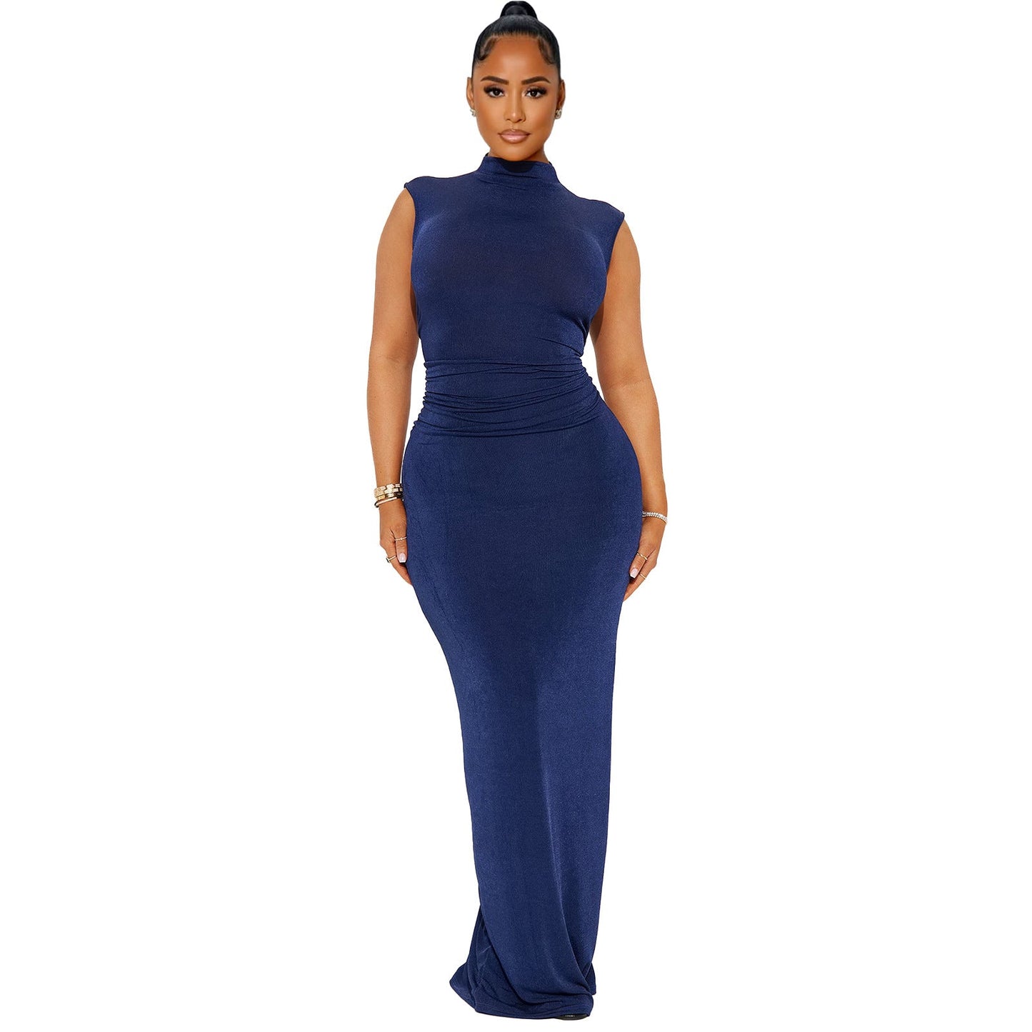 Women Clothing Goods Half Turtleneck Pleated Waist Slimming Sleeveless High Elastic Maxi Dress
