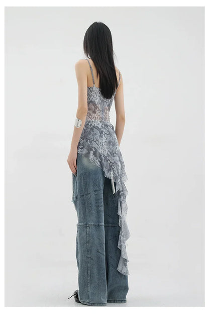 Vintage Distressed And Dirt-Dyed Patchwork Wide-Leg Jeans