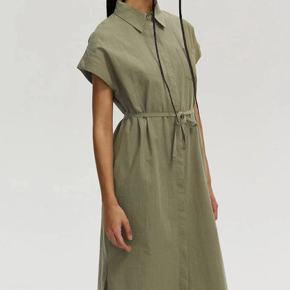 Women Clothes Collared Loose Long Shirt Dress Single Breasted Waist Dress