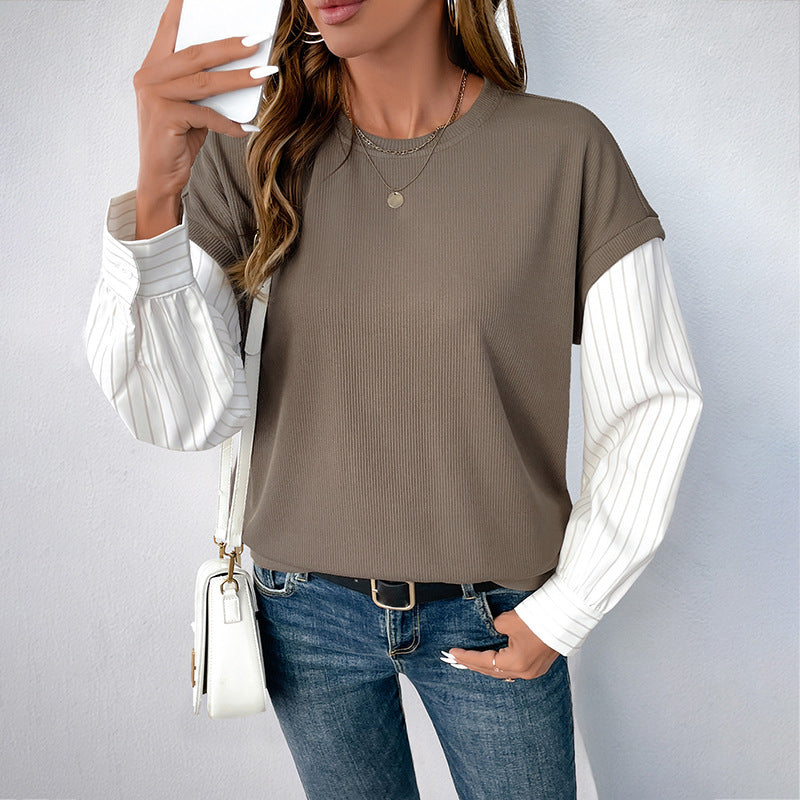 Autumn Casual Long Sleeve Faux Two Piece Color Matching Knitted round Neck Sweatshirt