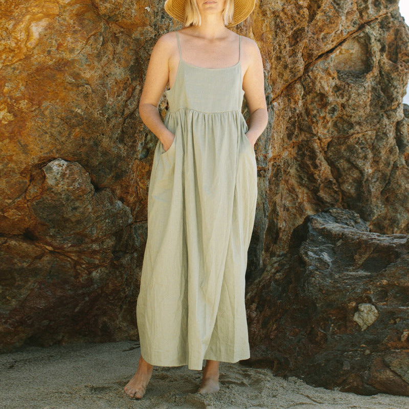 Summer Pure Cotton Sling Dress French Design Large Pocket Loose Slim Fit Adjustable Shoulder Strap Midi Dress for Women