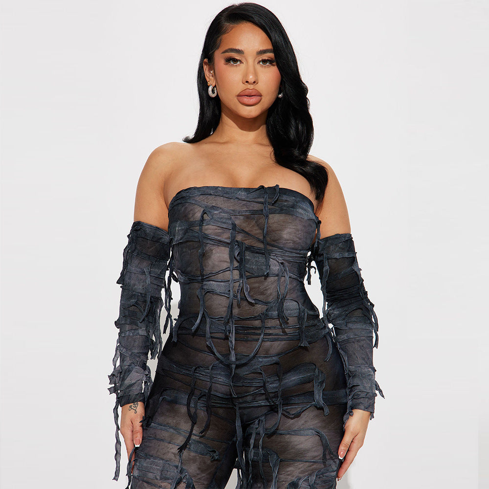 Autumn Tie Dyed Tassel Sexy Bandeau Backless Ice Sleeve Jumpsuit for Women
