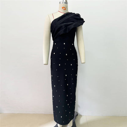 Spring Sexy Oblique Shoulder Rhinestone Voile Bandage Dress Debutante Gala Dinner Dress