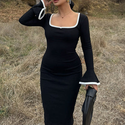 Women Clothing Winter Square Collar Contrast Color Knitted Midi Dress Bell Sleeve Sheath Dress Women
