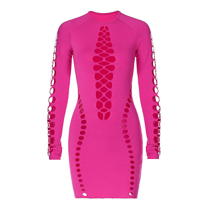 Women Solid Color Sexy Hollow Out Cutout Long Sleeved O neck Short Close Fitting Dress