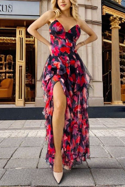 Millie | Floral Ruffle Long Skirt Women's Fashion Chiffon Printed Fairy Style Long Style Evening Dress Coupon