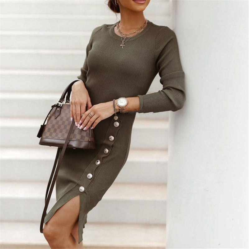Autumn Winter Women Clothing Split Button Knitted Dress