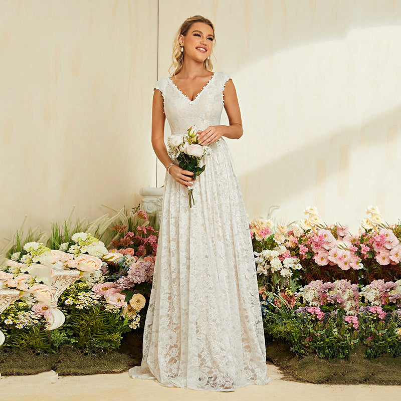 Lace Evening Dress Summer V neck Slim Fit White Dress A line Adult Lady like Woman Dress Women