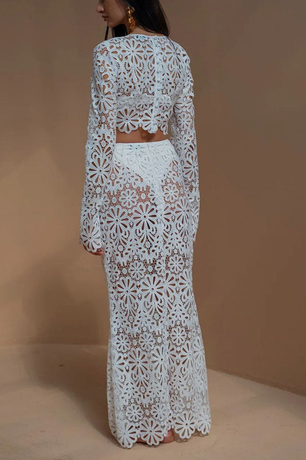 Balmy Summers Crochet Lace Floral Pattern Elastic Waist Fishtail Vacation Maxi Skirt