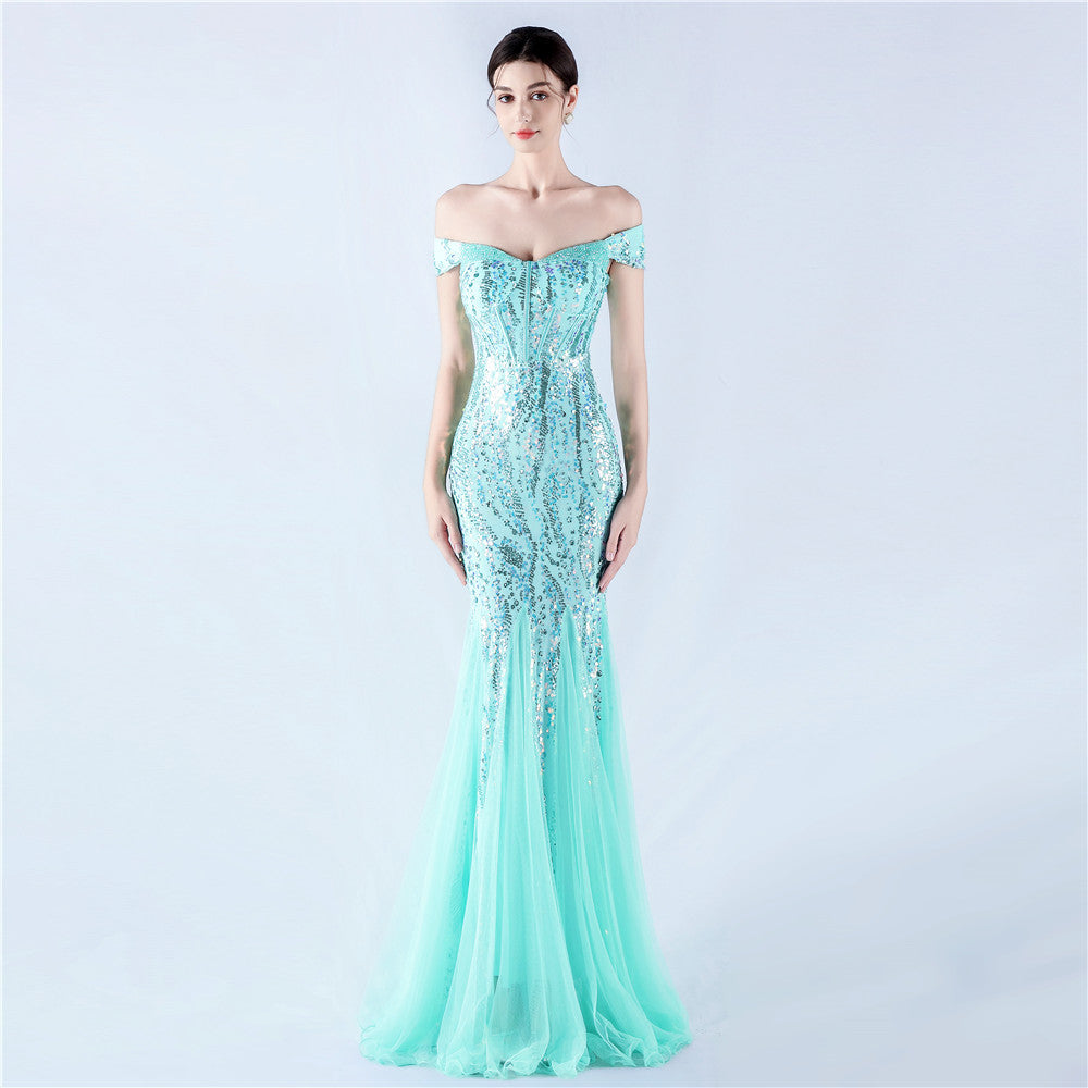 Dress Craft Beaded Mesh Sequin Evening Dress Annual Meeting Performance Host